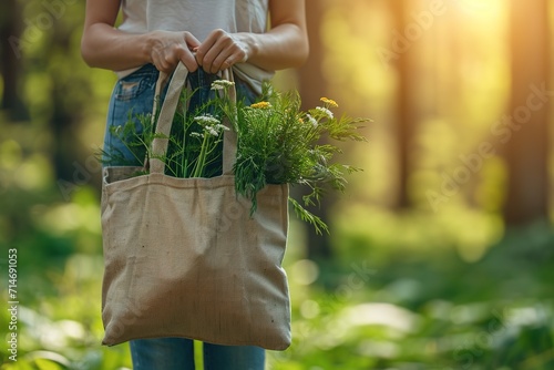 Girl is holding mesh shopping bag and cotton shopper with vegetables without plastic bags at farmers market. Sustainable lifestyles: reusable bag for shopping with focus on the eco-friendly behavior