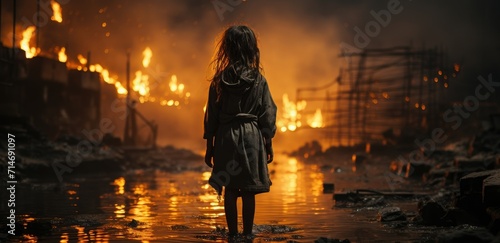 A lonely girl standing in the destroyed street city with fire building. World war zone background concept. 