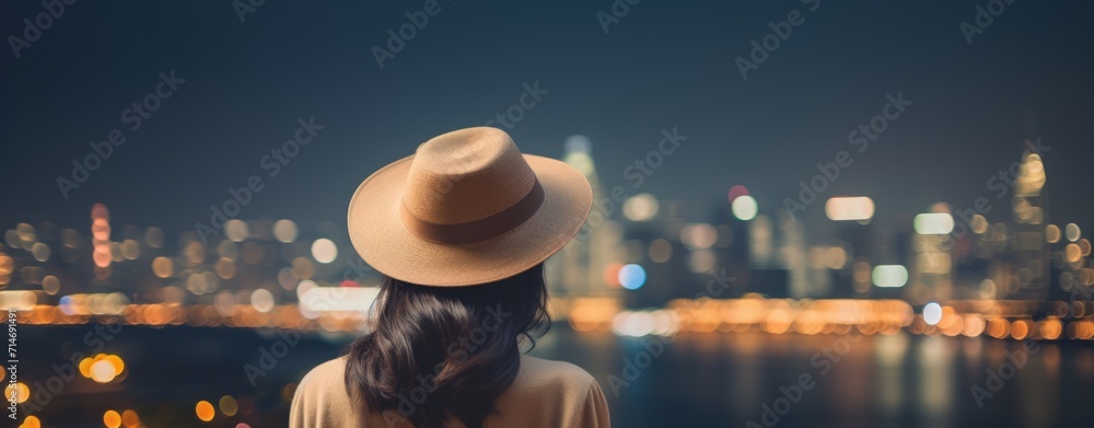 A woman tourist rear view wear a hat stand alone look at the view in the city at night. AI generated - obrazy, fototapety, plakaty 
