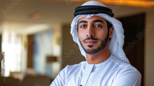 Young Arabic corporate businessman wearing kandora - Portrait of traditional Emirati man 