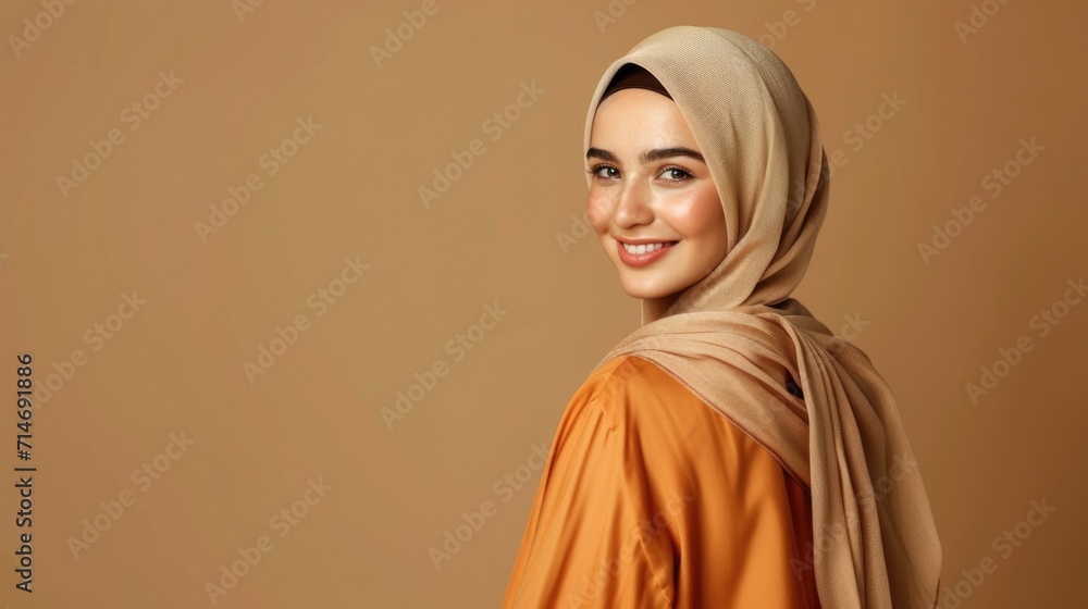Portrait of beautiful modern muslim woman with natural make-up dressed in beige hijab posing on brown background. Facial skin care, female beauty. Portrait of beautiful modern muslim woman with natural make-up dressed in beige hijab posing on brown background. Facial skin care, female beauty.