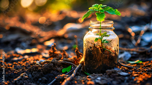 Growth and new life concept with a young green plant sprouting in sunlight.