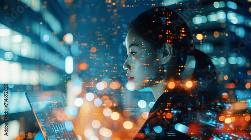 Woman Gazing Out Window at Vibrant Cityscape in the Night