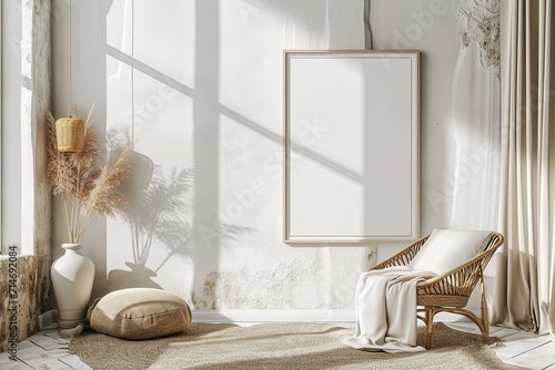 Modern Interior with Blank Poster Frame Blank horizontal poster frame mock up in minimal white style living room interior, modern living room interior background