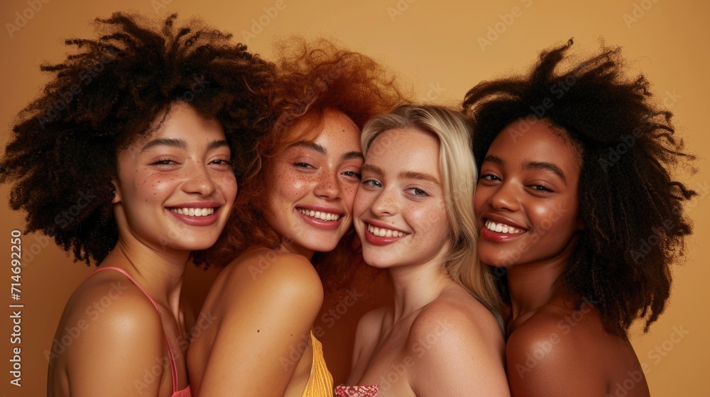 Skincare, diversity and women hug portrait for inclusivity, happiness and healthy skin texture. Interracial beauty and model group with woman in hijab smile for cosmetic campaign in brown studio Skincare, diversity and women hug portrait for inclusivity, happiness and healthy skin texture. Interracial beauty and model group with woman in hijab smile for cosmetic campaign in brown studio