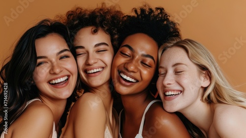 Beauty, diversity and portrait of women happy with makeup for cosmetic skincare isolated in studio brown background. Women’s day and young friends together for self care, dermatology and support 