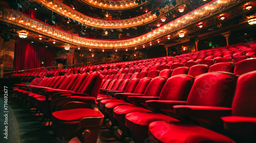 Classical auditorium interior with red seats, ready for a theatrical or cinematic performance.