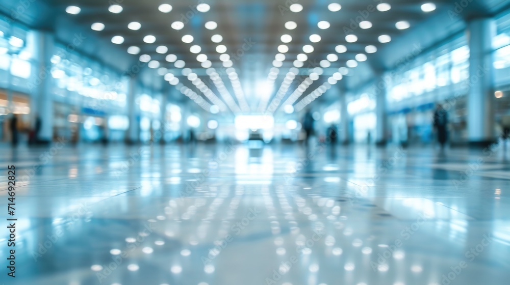 Blue BLURRED OFFICE BACKGROUND, MODERN BUSINESS HALL WITH LIGHT REFLECTONS ON THE FLOOR. Blue BLURRED OFFICE BACKGROUND, MODERN BUSINESS HALL WITH LIGHT REFLECTONS ON THE FLOOR.