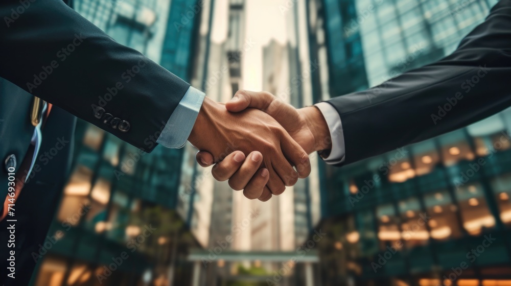 Business agreement concept with two businessmen making handshake in front of corporate building