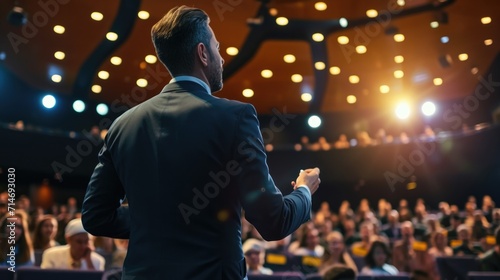 Business Executive Introduces New Software Product on Stage at a Conference. Arab Expert Does Motivational Talk. Speaker Having a Lecture about Science, Technology, Development, Leadership 