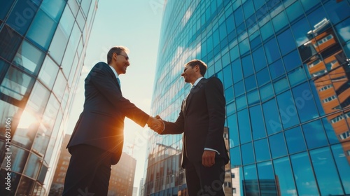 Business agreement concept with two businessmen making handshake in front of corporate building