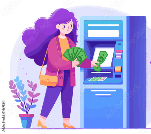 Girl withdraws money from an ATM. Vector illustration in flat style