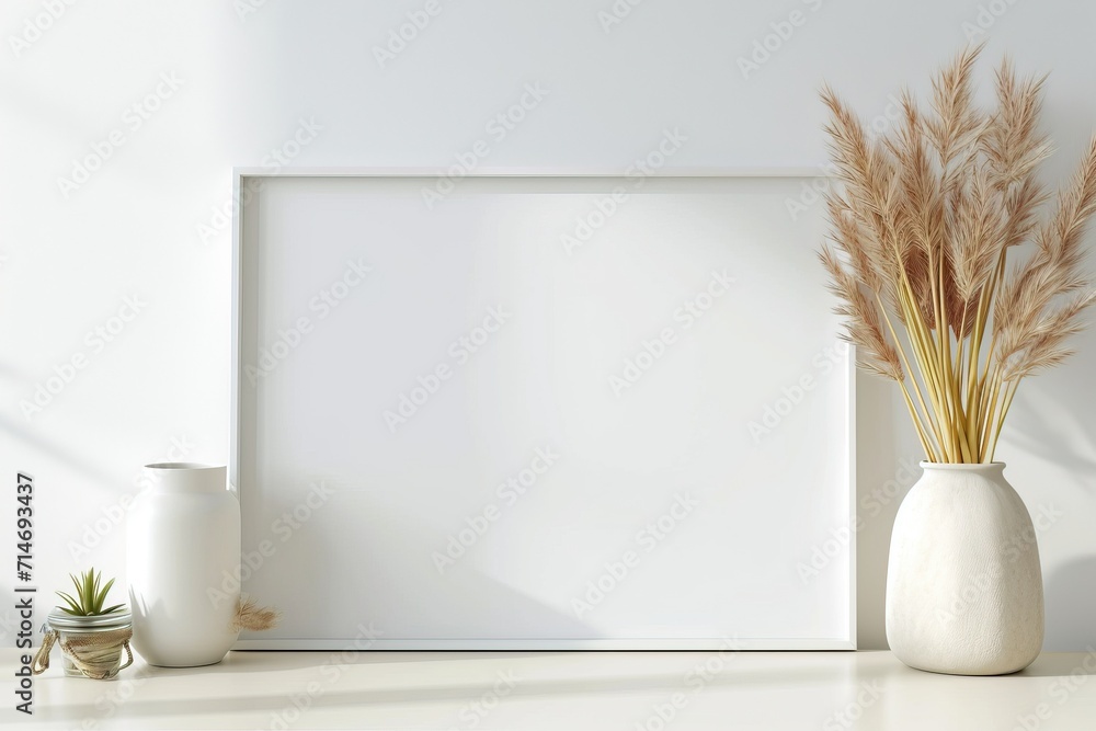 Blank horizontal poster frame mock up in minimal white style living room interior, modern living room interior background