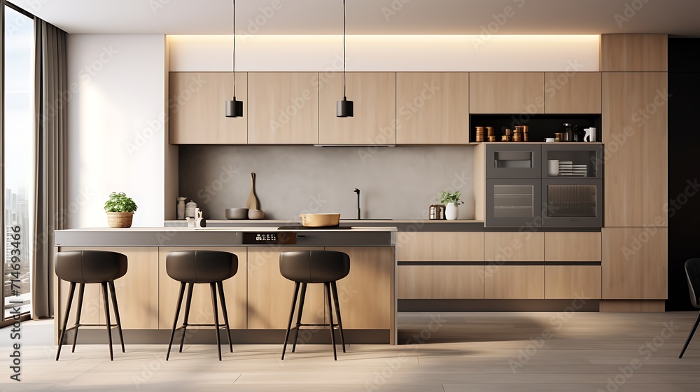 A minimalist kitchen design with sleek, handleless cabinets.