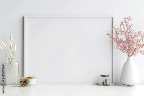 Blank horizontal poster frame mock up in minimal white style living room interior, modern living room interior background © ChickyKai