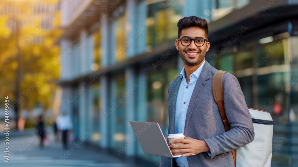 Cheerful middle eastern young businessman in glasses with laptop and coffee to go walking by street towards modern office building, going to job in the morning, panorama with copy space Cheerful middle eastern young businessman in glasses with laptop and coffee to go walking by street towards modern office building, going to job in the morning, panorama with copy space