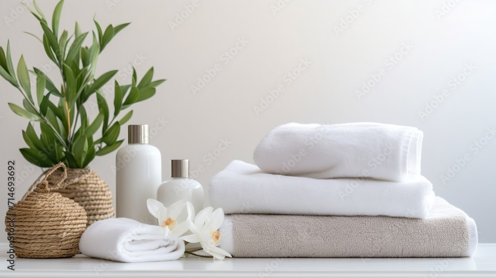 Spa accessories installed in a day spa hotel, health and beauty center. Spa products - towels, candles, aroma oils are placed in a luxury spa salon ready for massage, spa treatments Spa accessories installed in a day spa hotel, health and beauty center. Spa products - towels, candles, aroma oils are placed in a luxury spa salon ready for massage, spa treatments