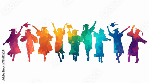 copy space  vector illustration  Happy graduates in graduation caps. Cheerful people  colored silhouette. high school graduation. Colorful silhouette of graduates in caps. Beautiful colored background