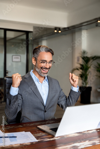 Vertical portrait of middle-aged businessman screaming proud cheering with excitement. Man read great news celebrating victory and success sitting in front of laptop computer working at modern office.
