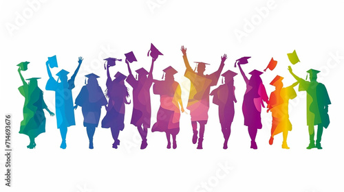 copy space, vector illustration, Happy graduates in graduation caps. Cheerful people, colored silhouette. high school graduation. Colorful silhouette of graduates in caps. Beautiful colored background