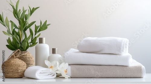 Spa accessories installed in a day spa hotel, health and beauty center. Spa products - towels, candles, aroma oils are placed in a luxury spa salon ready for massage, spa treatments