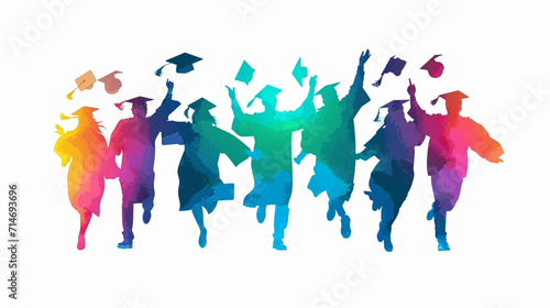 copy space  vector illustration  Happy graduates in graduation caps. Cheerful people  colored silhouette. high school graduation. Colorful silhouette of graduates in caps. Beautiful colored background