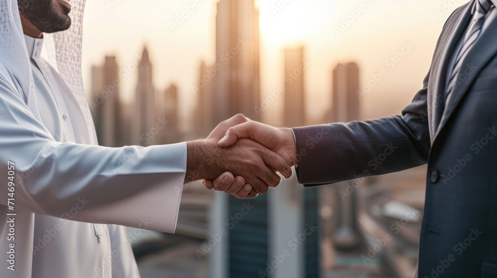 close up aran uae and businessman are shaking hand on cityscape background, Business Successful concept