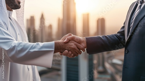 Obraz na płótnie close up aran uae and businessman are shaking hand on cityscape background, Business Successful concept w salonie