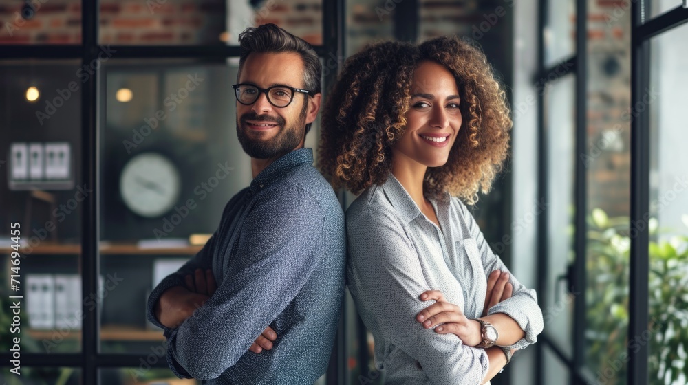 Confident business partners standing back to back in office Confident business partners standing back to back in office