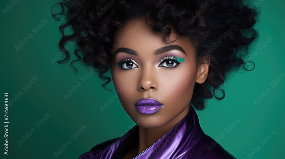 African-American fashion model, studio photo in green and purple tones African-American fashion model, studio photo in green and purple tones