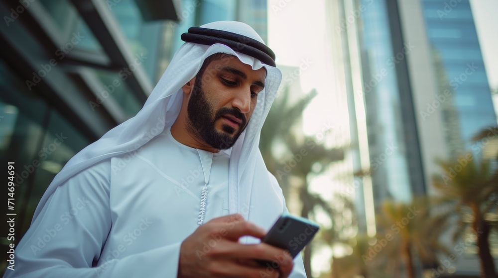 Corporate arab emirati man using mobile cell smartphone wearing kandura dishdasha at an business location 