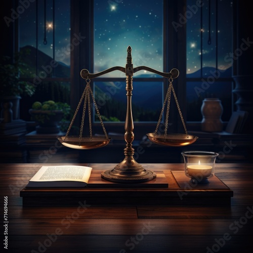 Justice scales on top of wooden table with night glow. Law and justice background concept.