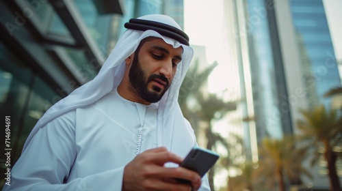 Corporate arab emirati man using mobile cell smartphone wearing kandura dishdasha at an business location  photo