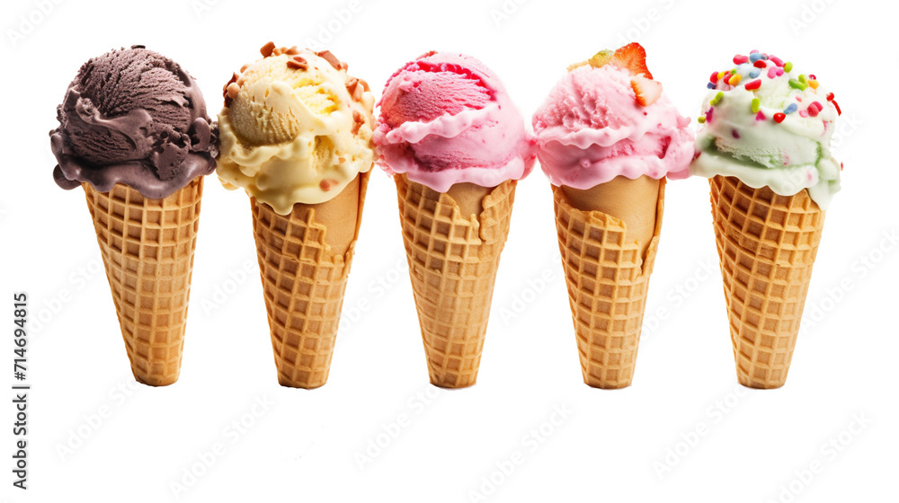 Ice cream cones in a row, all in different colors on transparent background . Vibrant Row of Ice Cream Cones on Transparent Background