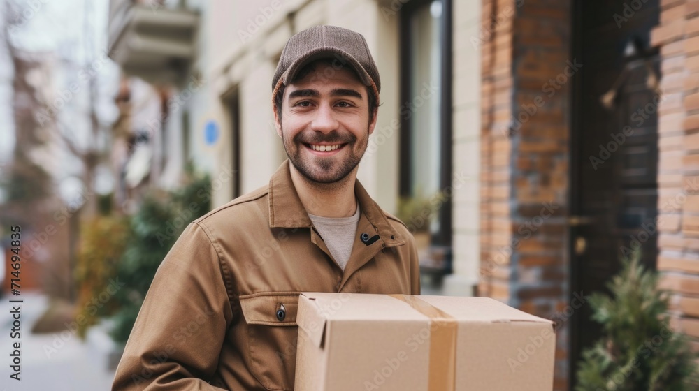 Delivery courier service. Delivery man in brown uniform holding a cardboard box delivering carton to door of customer home. Smiling young man postal delivery man delivering package Delivery courier service. Delivery man in brown uniform holding a cardboard box delivering carton to door of customer home. Smiling young man postal delivery man delivering package