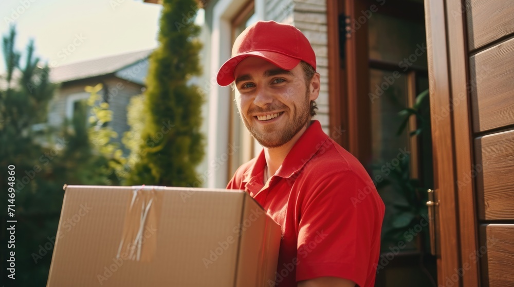 Delivery courier service. Delivery man in red uniform holding a cardboard box delivering carton to door of customer home. Smiling young man postal delivery man delivering package Delivery courier service. Delivery man in red uniform holding a cardboard box delivering carton to door of customer home. Smiling young man postal delivery man delivering package