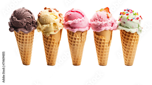 Ice cream cones in a row, all in different colors on transparent background . Vibrant Row of Ice Cream Cones on Transparent Background