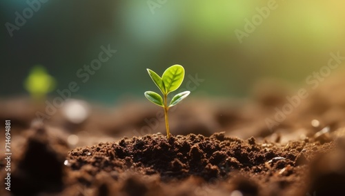 Green young plant sprout growth in the fertile soil with bokeh sunlight. Eco nature background concept for green campaign