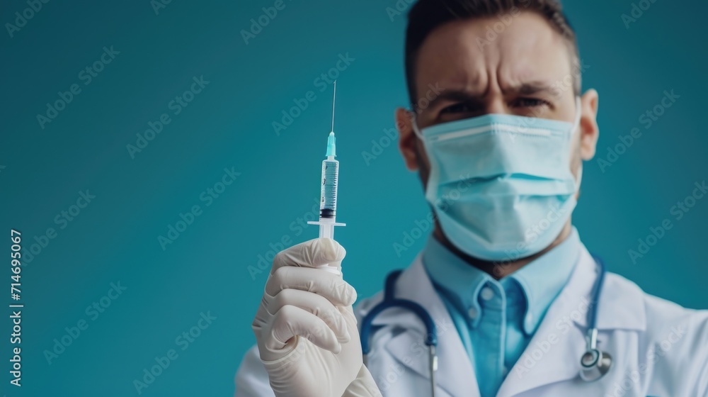 Portrait of a male medical doctor or nurse holding syringe and looking at camera isolated on blue background .Serious doctor on mask holding vaccine . Portrait of a male medical doctor or nurse holding syringe and looking at camera isolated on blue background .Serious doctor on mask holding vaccine .