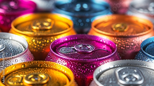 A group of colorful aluminum cans of beverage  top view.