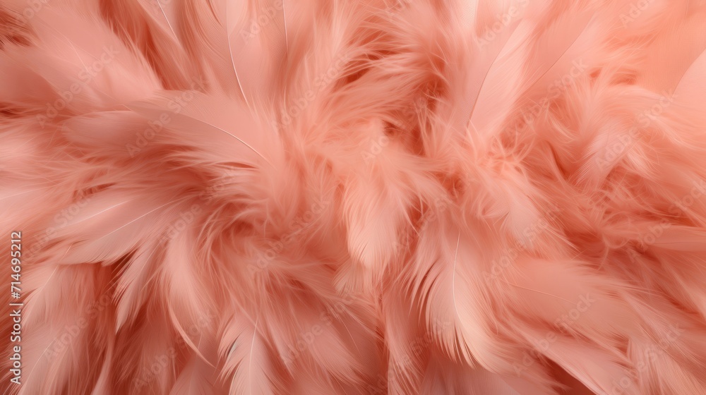 Feathers in a peach fuzz color as a background. Top view. Feathers in a peach fuzz color as a background. Top view.