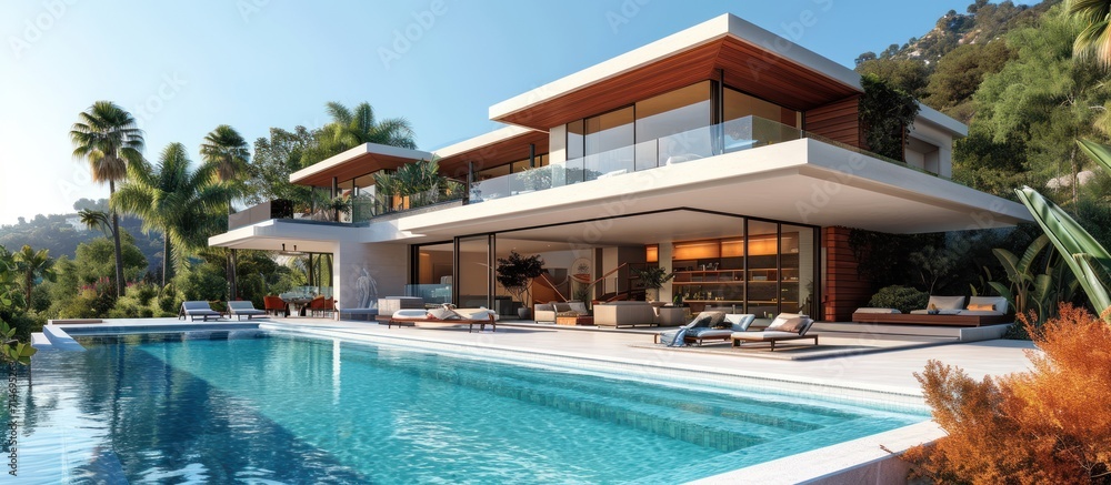 3d rendering of modern cozy house with pool and parking for sale or rent in luxurious style and beautiful landscaping on background. Clear sunny summer day with blue sky.
