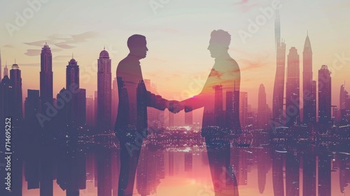 Double exposure of two business men over dubai skyline building background. Arabian and western man handshaking concept 