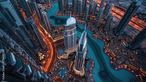 Fototapeta Naklejka Na Ścianę i Meble -  An overhead view of an incredibly beautiful and high tech city with huge tall modern buildings with night lights and city traffic 