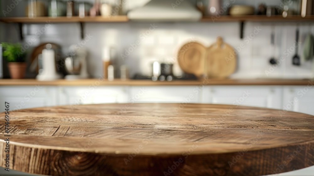 Empty beautiful round wood tabletop counter on interior in clean and bright kitchen background, Ready for display, Banner, for product montage