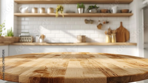 Empty space round wood tabletop counter on interior in clean and bright kitchen background, Ready for display, Banner, for product montage  photo
