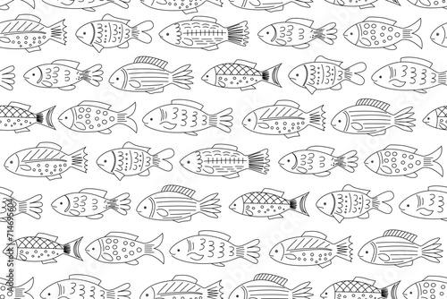 Fishes on a seamless pattern. Ocean fish vector icons. Line contour on a white background.