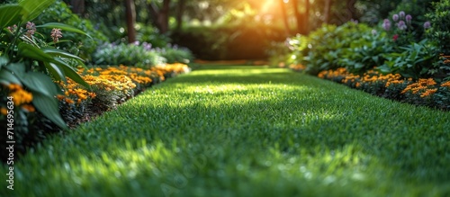 Green grass in the garden with sunlight. Nature and environment concept. photo