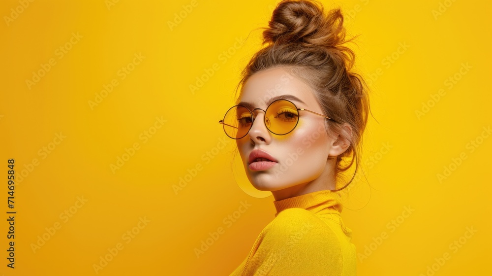 Stunning short-haired female model posing with fashion face expression on yellow background. Close-up portrait of stylish european girl posing Stunning short-haired female model posing with fashion face expression on yellow background. Close-up portrait of stylish european girl posing