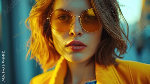 Close-up portrait of pale caucasian girl with beautiful smile. Photo of relaxed european woman wears round yellow sunglasses. Portrait model with retro filter 